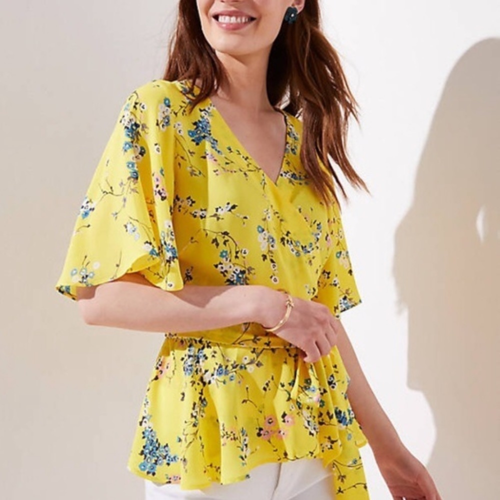 NEW LOFT Floral Flutter Sleeve Wrap Top